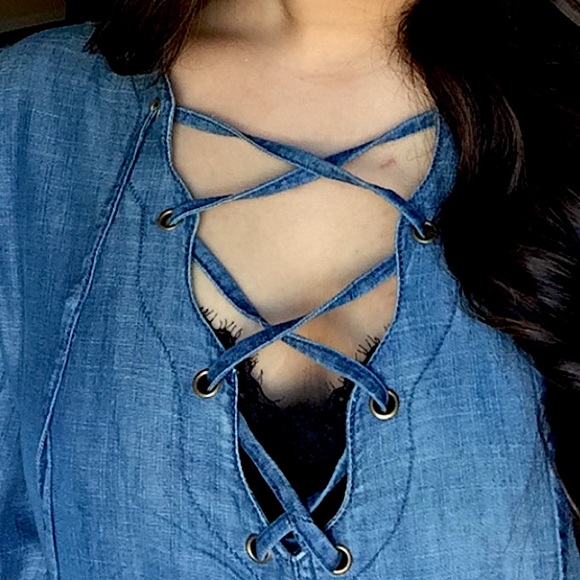 LIKENEW AE denim dress w pockets + lace up - Picture 5 of 7